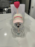 Starbucks 2026 Pink Bearista Glass Cup with Strawberry Topper 20oz