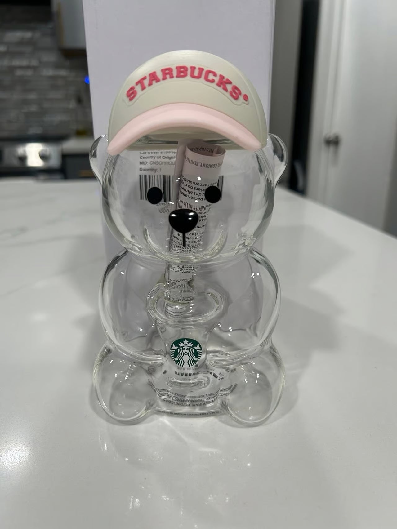Starbucks 2026 Pink Bearista Glass Cup with Strawberry Topper 20oz