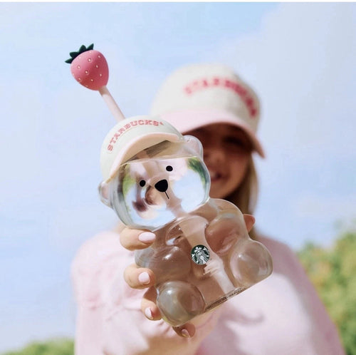 2026 Starbucks Pink Bearista Glass Cold Cup Strawberry Topper Baseball Cap USA