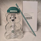 Starbucks Teddy Bear Bearista Barista Green Hat Glass Cold Cup 20oz USA Limited